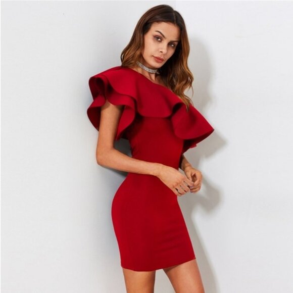 Ruffle Off the Shoulder Bodycon Mini Dress - Picture 1 of 7